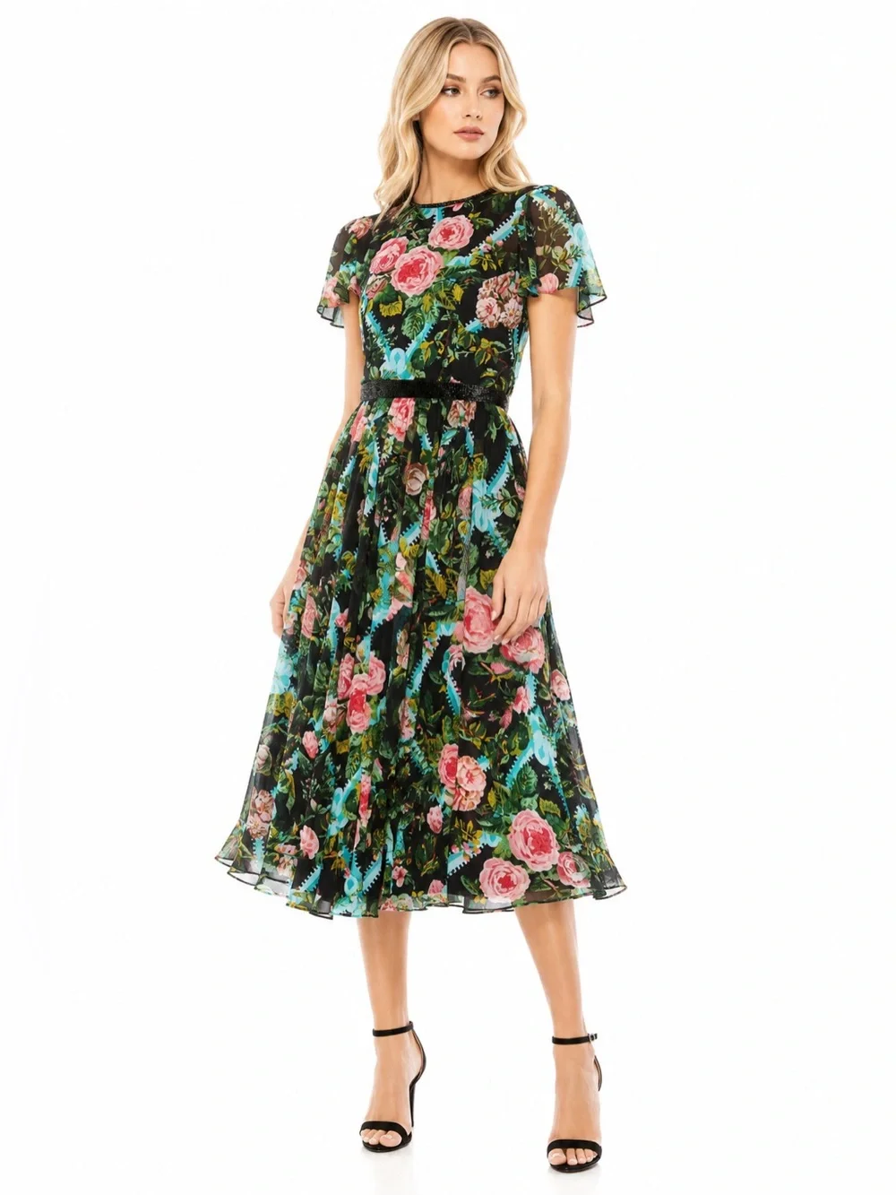 Mac Duggal Floral Illusion Cap Sleeve Midi Dress Black Multi Sheer NWT Size 2 - Picture 3 of 11